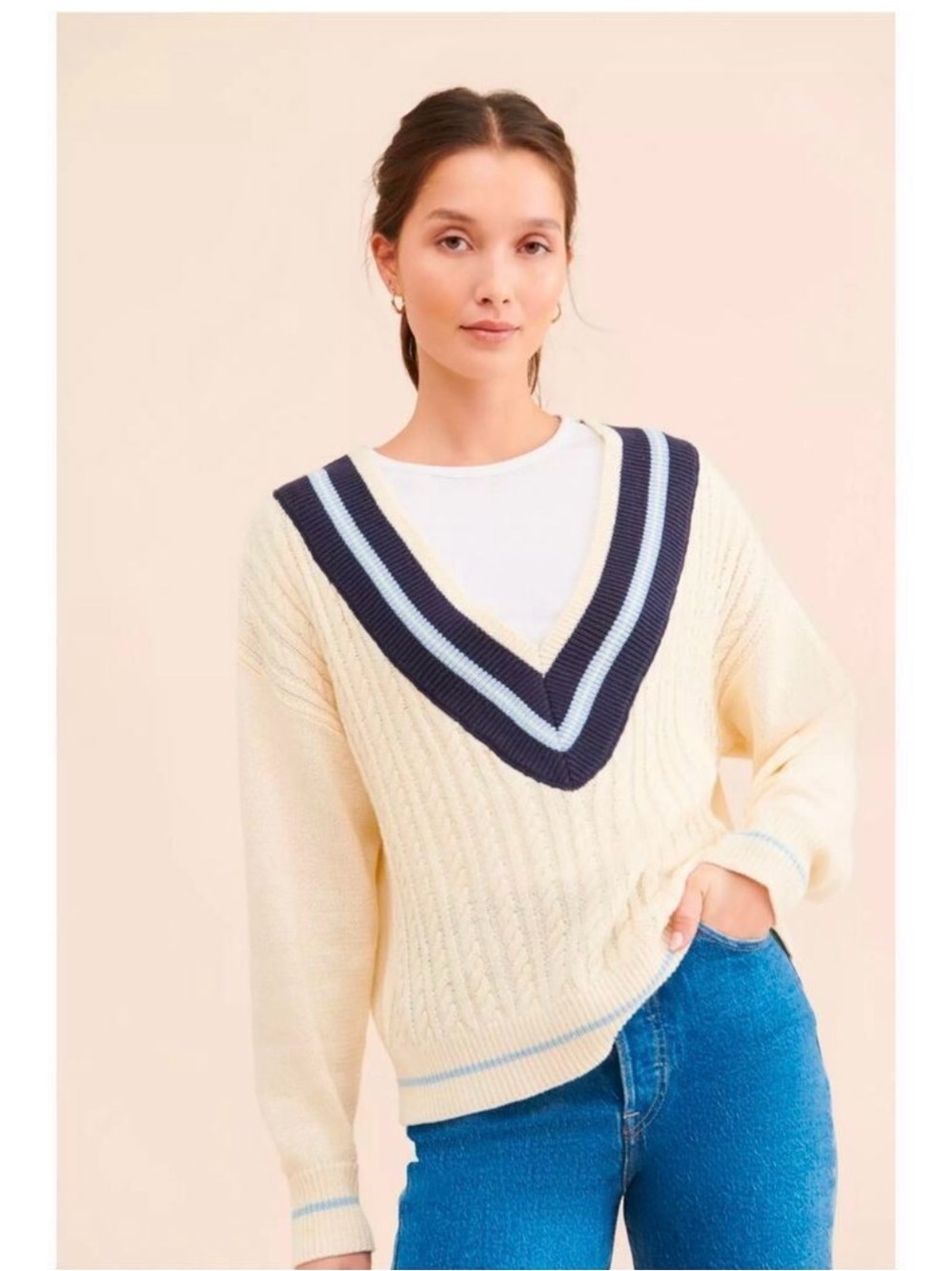 Callahan Knitwear Ivory Comb Striped V-Neck Cable Knit Varsity Sweater XS NEW